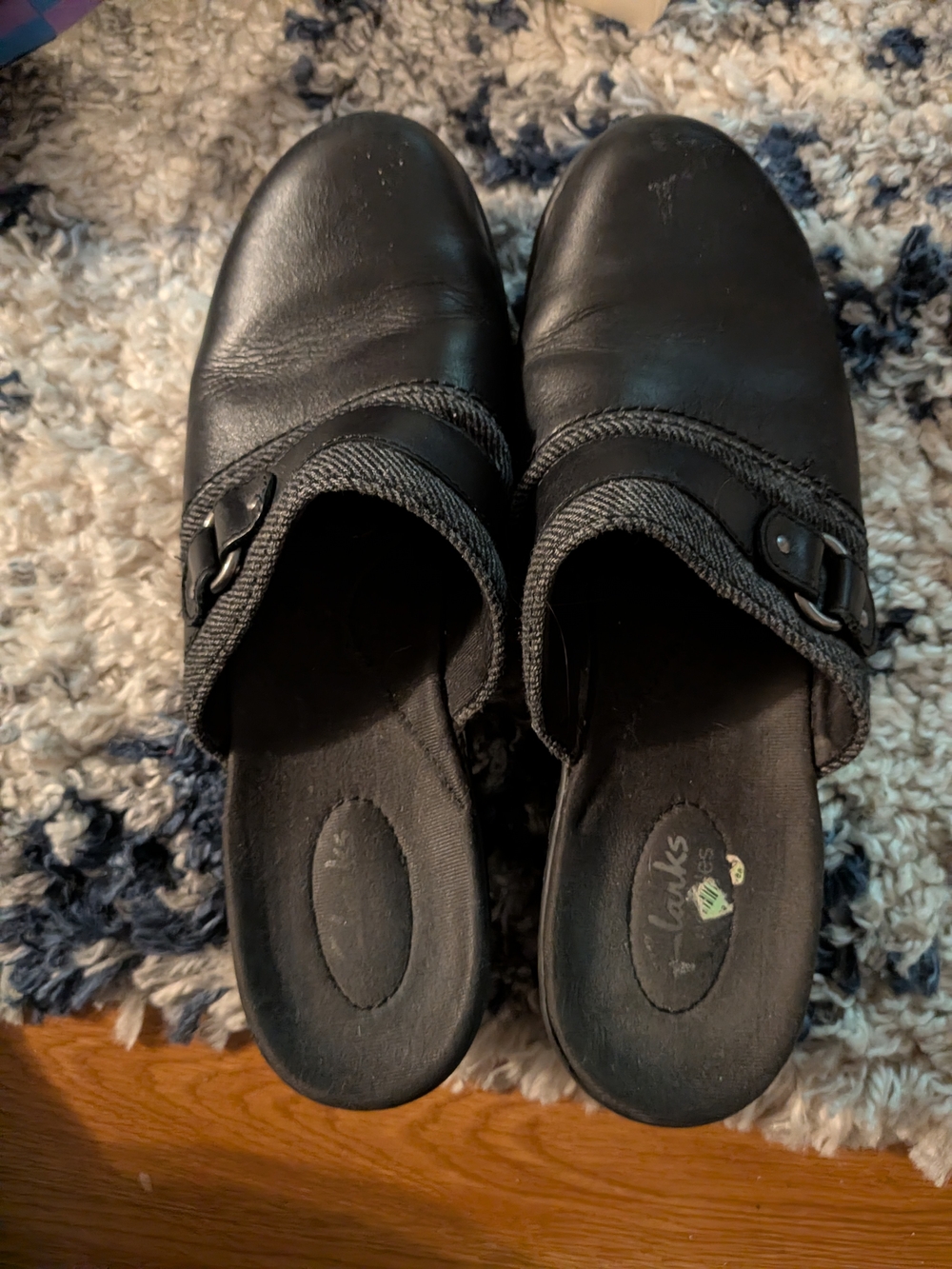 Clarks Black Leather Slip-On Clog Mules
